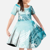 Polynesia Turtle Family Matching Off The Shoulder Long Sleeve Dress and Hawaiian Shirt Watercolor Abstract Style LT7 Daughter's Dress Blue - Polynesian Pride
