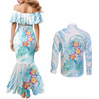 Sea Blue Polynesian Jellyfish Couples Matching Mermaid Dress and Long Sleeve Button Shirt Watercolor Glows LT7 - Polynesian Pride
