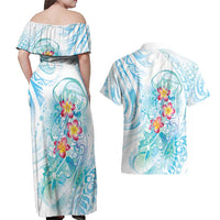 Sea Blue Polynesian Jellyfish Couples Matching Off Shoulder Maxi Dress and Hawaiian Shirt Watercolor Glows LT7 - Polynesian Pride