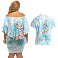 Sea Blue Polynesian Jellyfish Couples Matching Off Shoulder Short Dress and Hawaiian Shirt Watercolor Glows LT7 - Polynesian Pride