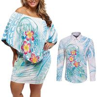 Sea Blue Polynesian Jellyfish Couples Matching Off Shoulder Short Dress and Long Sleeve Button Shirt Watercolor Glows LT7 Light Blue - Polynesian Pride
