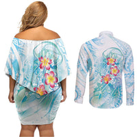 Sea Blue Polynesian Jellyfish Couples Matching Off Shoulder Short Dress and Long Sleeve Button Shirt Watercolor Glows LT7 - Polynesian Pride
