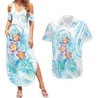 Sea Blue Polynesian Jellyfish Couples Matching Summer Maxi Dress and Hawaiian Shirt Watercolor Glows LT7 Light Blue - Polynesian Pride