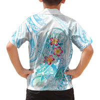 Sea Blue Polynesian Jellyfish Family Matching Off The Shoulder Long Sleeve Dress and Hawaiian Shirt Watercolor Glows LT7 - Polynesian Pride