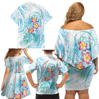 Sea Blue Polynesian Jellyfish Family Matching Off Shoulder Short Dress and Hawaiian Shirt Watercolor Glows LT7 - Polynesian Pride