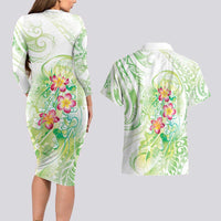 Summer Green Polynesian Jellyfish Couples Matching Long Sleeve Bodycon Dress and Hawaiian Shirt Watercolor Glows LT7 - Polynesian Pride