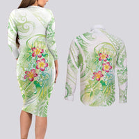 Summer Green Polynesian Jellyfish Couples Matching Long Sleeve Bodycon Dress and Long Sleeve Button Shirt Watercolor Glows LT7 - Polynesian Pride
