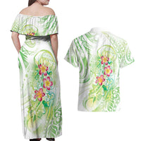Summer Green Polynesian Jellyfish Couples Matching Off Shoulder Maxi Dress and Hawaiian Shirt Watercolor Glows LT7 - Polynesian Pride