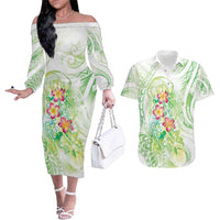 Summer Green Polynesian Jellyfish Couples Matching Off The Shoulder Long Sleeve Dress and Hawaiian Shirt Watercolor Glows LT7 Light Green - Polynesian Pride