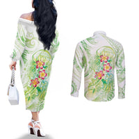Summer Green Polynesian Jellyfish Couples Matching Off The Shoulder Long Sleeve Dress and Long Sleeve Button Shirt Watercolor Glows LT7 - Polynesian Pride