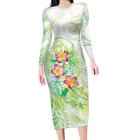 Summer Green Polynesian Jellyfish Family Matching Long Sleeve Bodycon Dress and Hawaiian Shirt Watercolor Glows LT7 Mom's Dress Light Green - Polynesian Pride