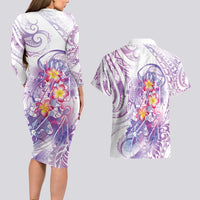 Lavender Polynesian Jellyfish Couples Matching Long Sleeve Bodycon Dress and Hawaiian Shirt Watercolor Glows LT7 - Polynesian Pride