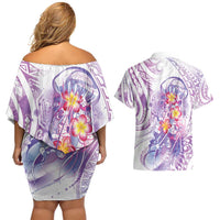 Lavender Polynesian Jellyfish Couples Matching Off Shoulder Short Dress and Hawaiian Shirt Watercolor Glows LT7 - Polynesian Pride
