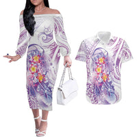 Lavender Polynesian Jellyfish Couples Matching Off The Shoulder Long Sleeve Dress and Hawaiian Shirt Watercolor Glows LT7 Lavender - Polynesian Pride