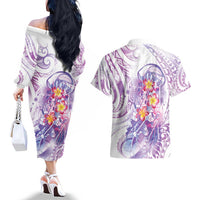 Lavender Polynesian Jellyfish Couples Matching Off The Shoulder Long Sleeve Dress and Hawaiian Shirt Watercolor Glows LT7 - Polynesian Pride