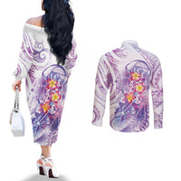 Lavender Polynesian Jellyfish Couples Matching Off The Shoulder Long Sleeve Dress and Long Sleeve Button Shirt Watercolor Glows LT7 - Polynesian Pride