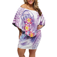 Lavender Polynesian Jellyfish Family Matching Off Shoulder Short Dress and Hawaiian Shirt Watercolor Glows LT7 Mom's Dress Lavender - Polynesian Pride