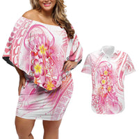 Rose Pink Polynesian Jellyfish Couples Matching Off Shoulder Short Dress and Hawaiian Shirt Watercolor Glows LT7 Rose Pink - Polynesian Pride
