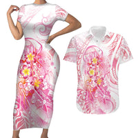 Rose Pink Polynesian Jellyfish Couples Matching Short Sleeve Bodycon Dress and Hawaiian Shirt Watercolor Glows LT7 Rose Pink - Polynesian Pride