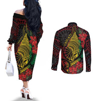 Vanuatu Meri Krismas Couples Matching Off The Shoulder Long Sleeve Dress and Long Sleeve Button Shirt Conch Shell Tribal Art LT7 - Polynesian Pride