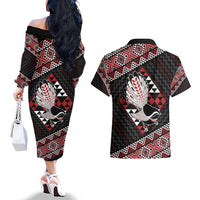 Taniko Aotearoa Couples Matching Off The Shoulder Long Sleeve Dress and Hawaiian Shirt Poutama Mix Piwakawaka LT7 - Polynesian Pride