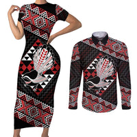 Taniko Aotearoa Couples Matching Short Sleeve Bodycon Dress and Long Sleeve Button Shirt Poutama Mix Piwakawaka LT7 Red - Polynesian Pride