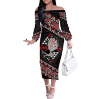 Taniko Aotearoa Family Matching Off The Shoulder Long Sleeve Dress and Hawaiian Shirt Poutama Mix Piwakawaka LT7 Mom's Dress Red - Polynesian Pride