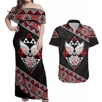 Taniko Aotearoa Couples Matching Off Shoulder Maxi Dress and Hawaiian Shirt Poutama Mix Piwakawaka - Ver02 LT7 Red - Polynesian Pride
