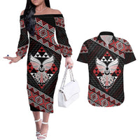 Taniko Aotearoa Couples Matching Off The Shoulder Long Sleeve Dress and Hawaiian Shirt Poutama Mix Piwakawaka - Ver02 LT7 Red - Polynesian Pride