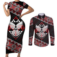 Taniko Aotearoa Couples Matching Short Sleeve Bodycon Dress and Long Sleeve Button Shirt Poutama Mix Piwakawaka - Ver02 LT7 Red - Polynesian Pride