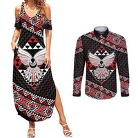 Taniko Aotearoa Couples Matching Summer Maxi Dress and Long Sleeve Button Shirt Poutama Mix Piwakawaka - Ver02 LT7 Red - Polynesian Pride