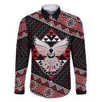 Taniko Aotearoa Family Matching Off The Shoulder Long Sleeve Dress and Hawaiian Shirt Poutama Mix Piwakawaka - Ver02 LT7 Dad's Shirt - Long Sleeve Red - Polynesian Pride