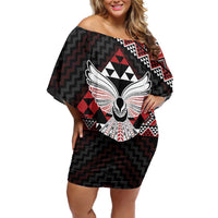 Taniko Aotearoa Family Matching Off Shoulder Short Dress and Hawaiian Shirt Poutama Mix Piwakawaka - Ver02 LT7 Mom's Dress Red - Polynesian Pride