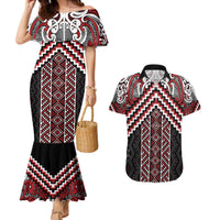 Maori Tukutuku Taniko Motifs Couples Matching Mermaid Dress and Hawaiian Shirt Red Poutama Mix Kowhaiwhai LT7 Red - Polynesian Pride