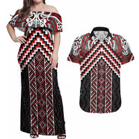 Maori Tukutuku Taniko Motifs Couples Matching Off Shoulder Maxi Dress and Hawaiian Shirt Red Poutama Mix Kowhaiwhai LT7 Red - Polynesian Pride