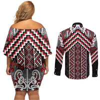Maori Tukutuku Taniko Motifs Couples Matching Off Shoulder Short Dress and Long Sleeve Button Shirt Red Poutama Mix Kowhaiwhai LT7 - Polynesian Pride