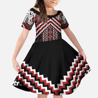 Maori Tukutuku Taniko Motifs Family Matching Mermaid Dress and Hawaiian Shirt Red Poutama Mix Kowhaiwhai LT7 Daughter's Dress Red - Polynesian Pride