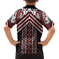 Maori Tukutuku Taniko Motifs Family Matching Off The Shoulder Long Sleeve Dress and Hawaiian Shirt Red Poutama Mix Kowhaiwhai LT7 - Polynesian Pride