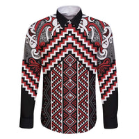 Maori Tukutuku Taniko Motifs Family Matching Off Shoulder Maxi Dress and Hawaiian Shirt Red Poutama Mix Kowhaiwhai LT7 Dad's Shirt - Long Sleeve Red - Polynesian Pride