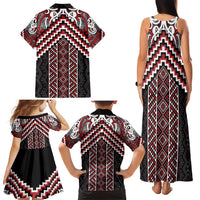 Maori Tukutuku Taniko Motifs Family Matching Tank Maxi Dress and Hawaiian Shirt Red Poutama Mix Kowhaiwhai LT7 - Polynesian Pride