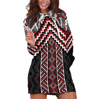 Maori Tukutuku Taniko Motifs Hoodie Dress Red Poutama Mix Kowhaiwhai LT7 Red - Polynesian Pride