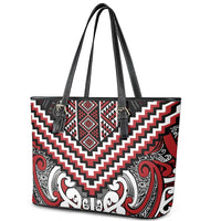 Maori Tukutuku Taniko Motifs Leather Tote Bag Red Poutama Mix Kowhaiwhai LT7 - Polynesian Pride