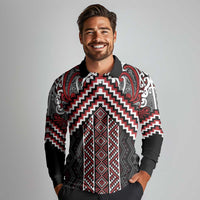 Maori Tukutuku Taniko Motifs Long Sleeve Polo Shirt Red Poutama Mix Kowhaiwhai LT7 - Polynesian Pride