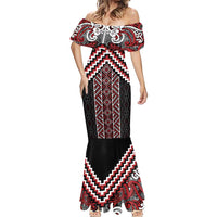 Maori Tukutuku Taniko Motifs Mermaid Dress Red Poutama Mix Kowhaiwhai LT7 - Polynesian Pride