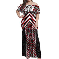 Maori Tukutuku Taniko Motifs Off Shoulder Maxi Dress Red Poutama Mix Kowhaiwhai LT7 Women Red - Polynesian Pride
