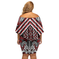 Maori Tukutuku Taniko Motifs Off Shoulder Short Dress Red Poutama Mix Kowhaiwhai LT7 - Polynesian Pride