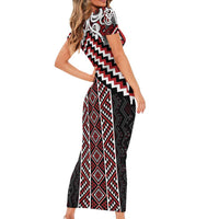Maori Tukutuku Taniko Motifs Short Sleeve Bodycon Dress Red Poutama Mix Kowhaiwhai LT7 - Polynesian Pride