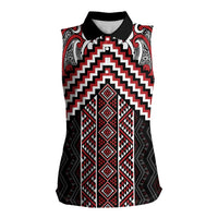 Maori Tukutuku Taniko Motifs Women Sleeveless Polo Shirt Red Poutama Mix Kowhaiwhai LT7 Female Red - Polynesian Pride