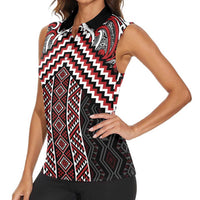 Maori Tukutuku Taniko Motifs Women Sleeveless Polo Shirt Red Poutama Mix Kowhaiwhai LT7 - Polynesian Pride