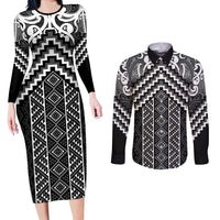 Maori Tukutuku Taniko Motifs Couples Matching Long Sleeve Bodycon Dress and Long Sleeve Button Shirt Black Poutama Mix Kowhaiwhai LT7 Black - Polynesian Pride